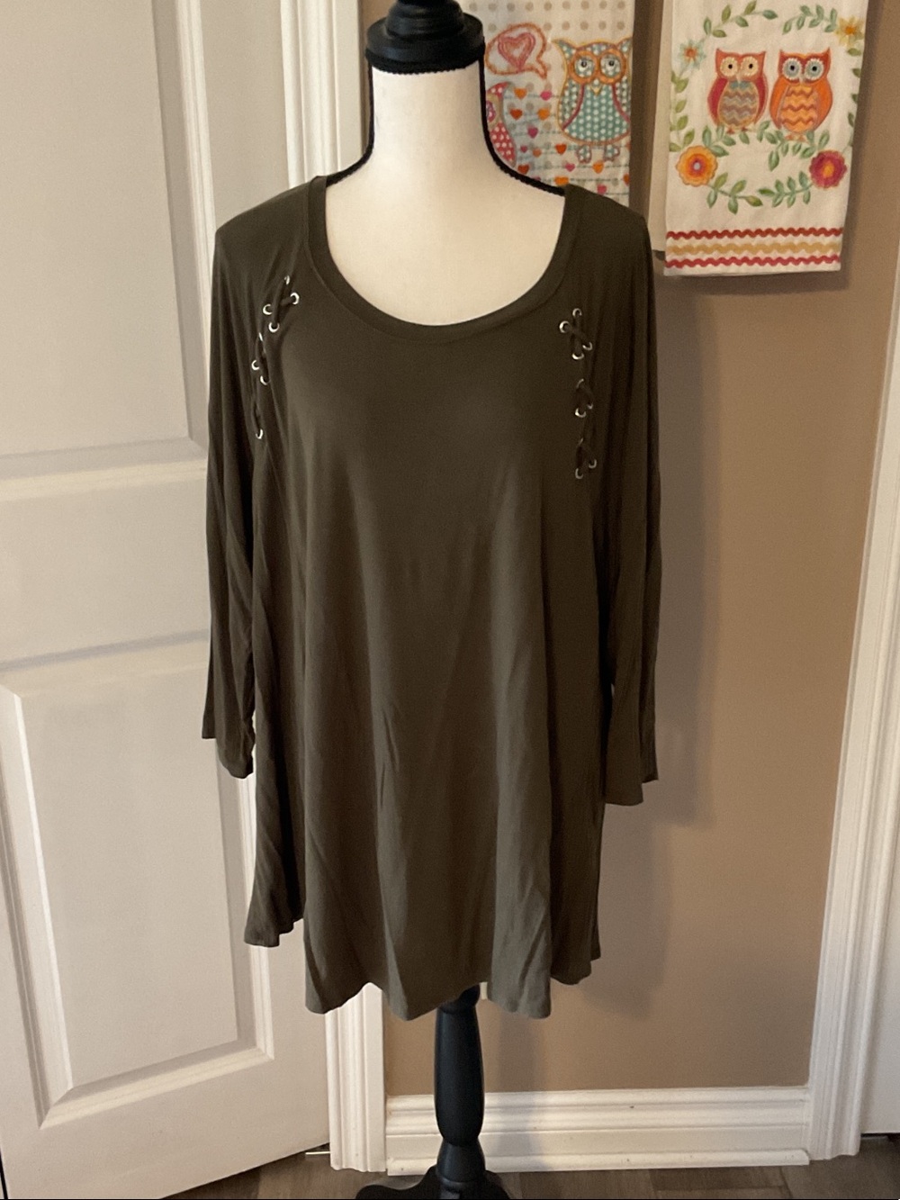 Olive Green Lace-Up Shoulder Tunic Top